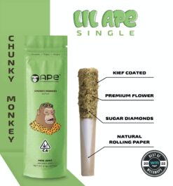 Ape's .5G Chunky Monkey Mini Joint is infused with kief and packed with uplifting Sativa effects. Perfect for a quick, flavorful, energizing hit.