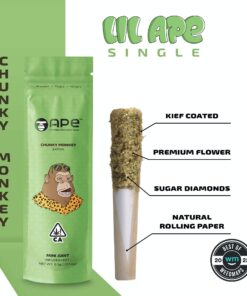 Ape's .5G Chunky Monkey Mini Joint is infused with kief and packed with uplifting Sativa effects. Perfect for a quick, flavorful, energizing hit.