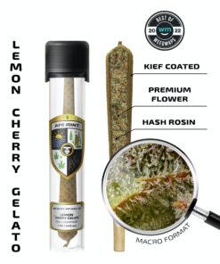 Experience bold flavor and potency with Lemon Cherry Gelato Preroll by Ape. Infused with hash rosin and kief, this Indica/Hybrid hits at 40.11% THC.