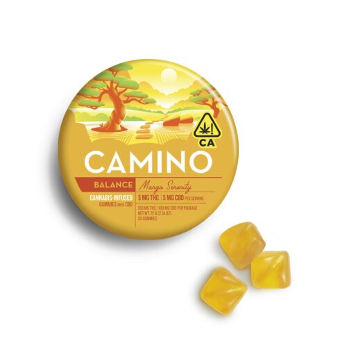 Find your perfect balance with Camino 5:5 Mango Serenity Gummies. These THC:CBD edibles deliver a calming mango flavor and relaxing, even-keeled effects.