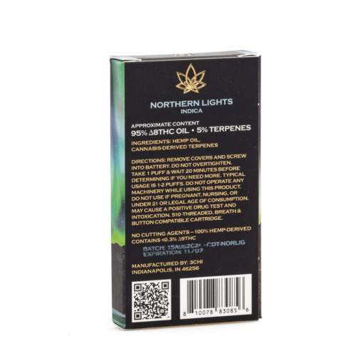 Experience smooth, flavorful hits with 3Chi Northern Lights Delta 8 Vape Cartridge. Infused with cannabis-derived terpenes for a potent and balanced high.