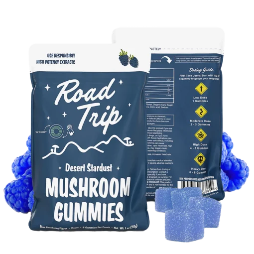 Elevate your focus and calm with Desert Stardust’s Mushroom Gummies Blue Raspberry. A delicious, microdosed blend of functional mushrooms in every bite.