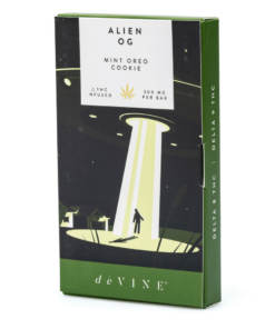 Enjoy DeVINE Naturals Delta 8 9 Chocolate Bar – Alien OG with 150mg of Delta 8 and 150mg of Delta 9 THC for a balanced, delicious cannabis treat.
