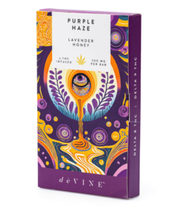 Purple Haze THC Chocolate by DeVINE Naturals blends Delta 8 and Delta 9 THC for a balanced, legal edible with rich flavor and smooth, euphoric effects.