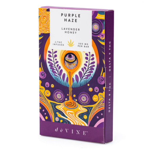 Purple Haze THC Chocolate by DeVINE Naturals blends Delta 8 and Delta 9 THC for a balanced, legal edible with rich flavor and smooth, euphoric effects.