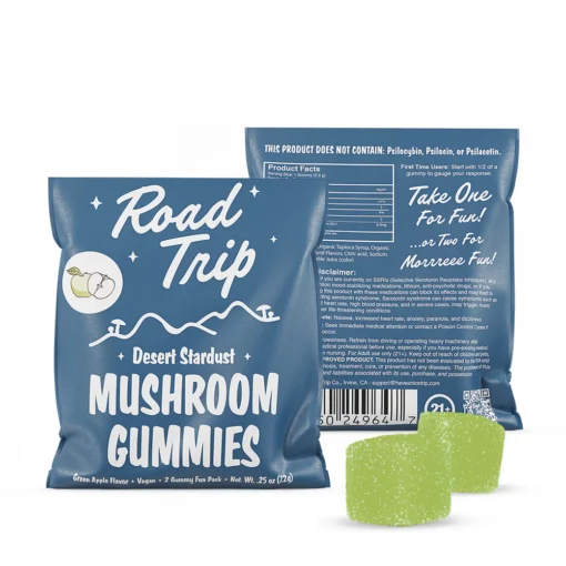 Enjoy focus, clarity, and flavor with Desert Stardust Mushroom Gummies in green apple. Vegan, microdosed, and crafted for mindful wellness.