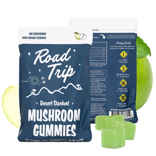 Enjoy focus, clarity, and flavor with Desert Stardust Mushroom Gummies in green apple. Vegan, microdosed, and crafted for mindful wellness.