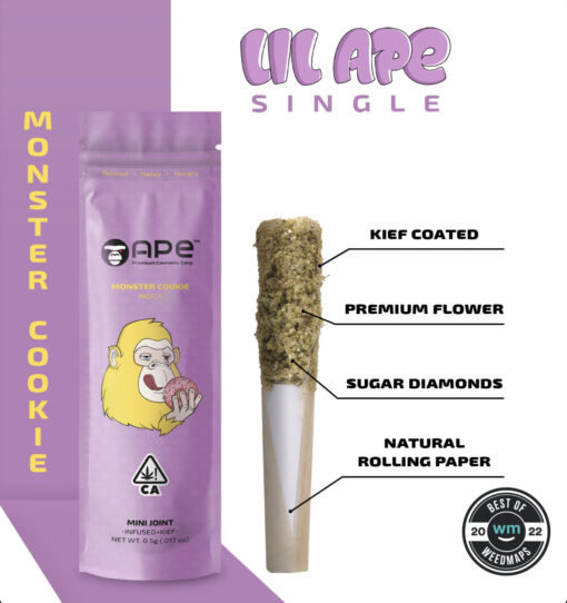 Experience the bold flavor and deep relaxation of our .5G Infused Kief Mini Joint – Monster Cookie by Ape (Indica). Premium quality for your chill sessions.