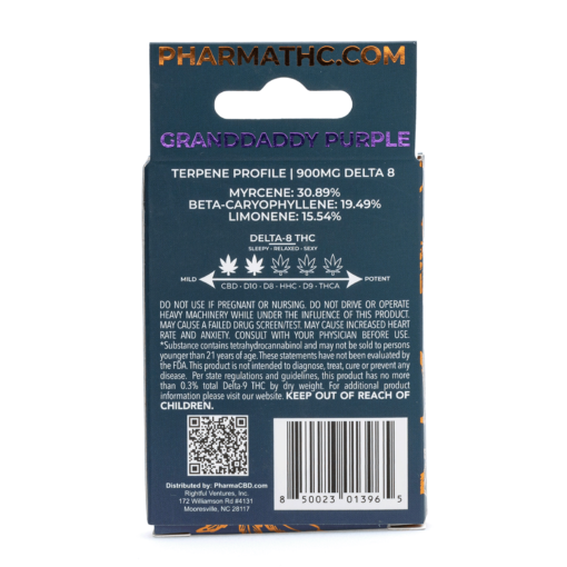 Enjoy smooth, relaxing hits with PharmaCBD Granddaddy Purple Delta 8 Vape Cartridge. Infused with terpene-rich Delta 8 THC for a balanced experience.