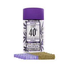 Indulge in STIIIZY’s Watermelon Z Pre-roll Pack—2.5g of live resin-infused Indica baby joints for sweet flavor, smooth smoke, and deep relaxation.