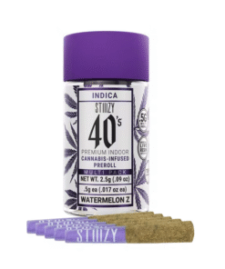 Indulge in STIIIZY’s Watermelon Z Pre-roll Pack—2.5g of live resin-infused Indica baby joints for sweet flavor, smooth smoke, and deep relaxation.