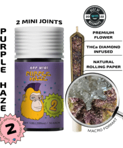 Purple Haze Mini Joints by APE offer 42.53% THC in two sativa pre-rolls. Enjoy a vibrant, flavorful, and energizing cannabis experience.