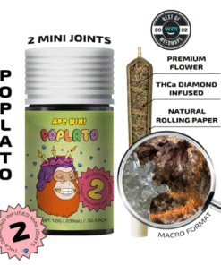 Poplato Mini Joints by APE offer 1g of premium hybrid flower in two smooth prerolls. Perfect for flavor, balance, and convenience.