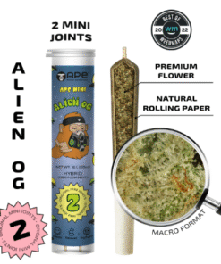 Alien OG Mini Joints by APE deliver 45.75% THC in 2 potent pre-rolls. Indica-dominant hybrid for deep relaxation. Buy now from Bubatz Europa!