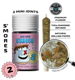 S'Mores Mini Joints by APE offer 40.28% THC in two sweet, indica/hybrid pre-rolls. Enjoy rich flavor and relaxation in a compact, potent format.