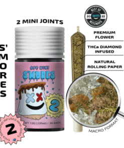 S'Mores Mini Joints by APE offer 40.28% THC in two sweet, indica/hybrid pre-rolls. Enjoy rich flavor and relaxation in a compact, potent format.