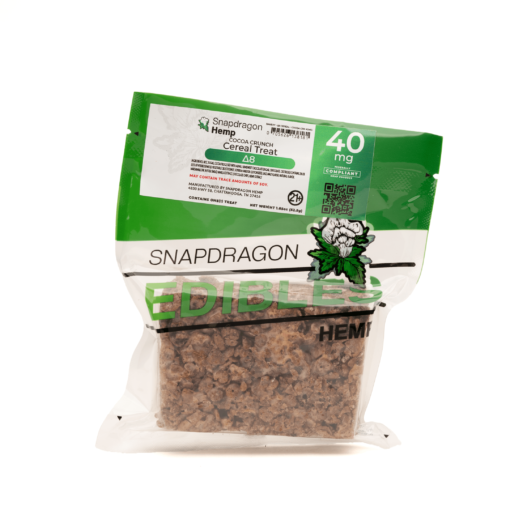 The Delta 8 Cereal Treat by Snapdragon combines 40mg of THC with delicious Cocoa Pebbles for a tasty, relaxing edible. Potent, nostalgic, and lab-tested.