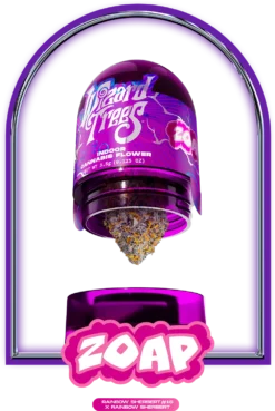 Explore Zoap Weed Flower, a flavorful hybrid born from Rainbow Sherbert genetics. Lab-tested and quality assured, offering happy and relaxing effects.